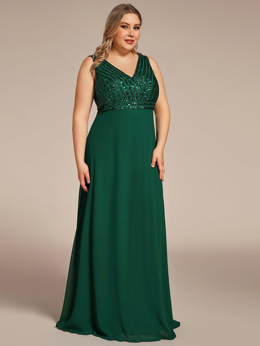 Robe de Soirée Formelle Grande Taille à Paillettes Sans Manches Double Col en V #Couleur_Vert Fonce