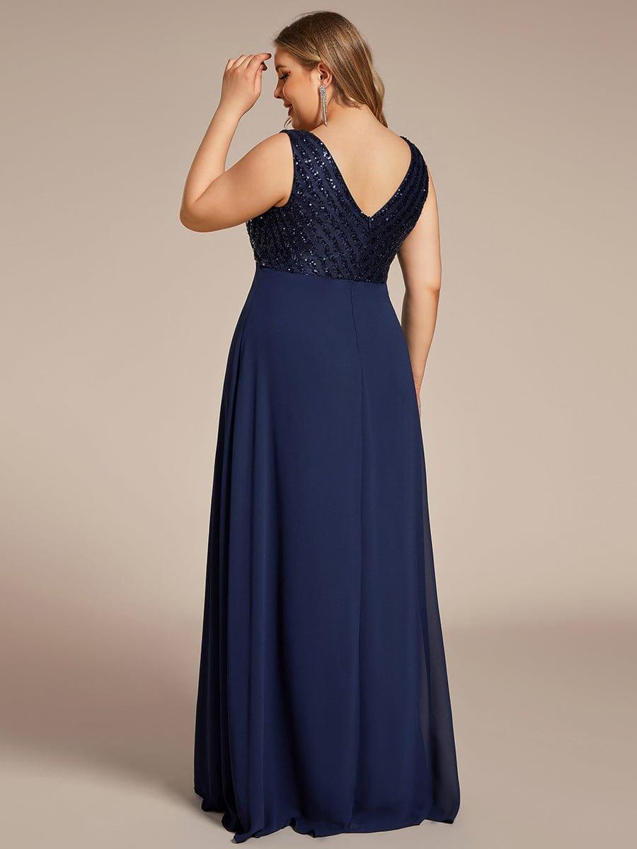 Robe de Soirée Formelle Grande Taille à Paillettes Sans Manches Double Col en V #Couleur_Bleu Marine