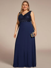 Robe de Soirée Formelle Grande Taille à Paillettes Sans Manches Double Col en V #Couleur_Bleu Marine