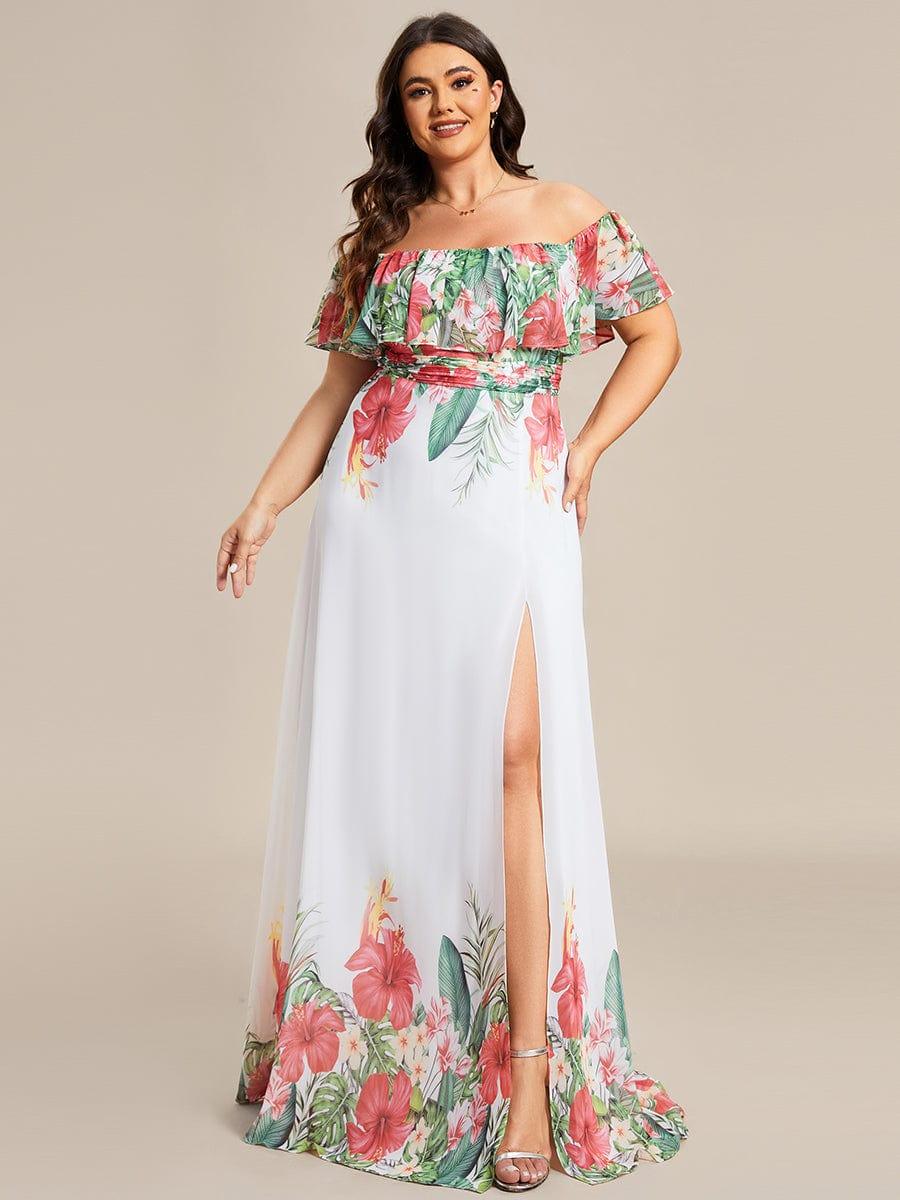 Robe de soirée imprimée taille élastique à épaules dénudées d'été grande taille #Couleur_Blanc Rouge