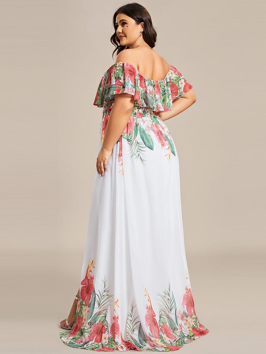 Robe de soirée imprimée taille élastique à épaules dénudées d'été grande taille #Couleur_Blanc Rouge