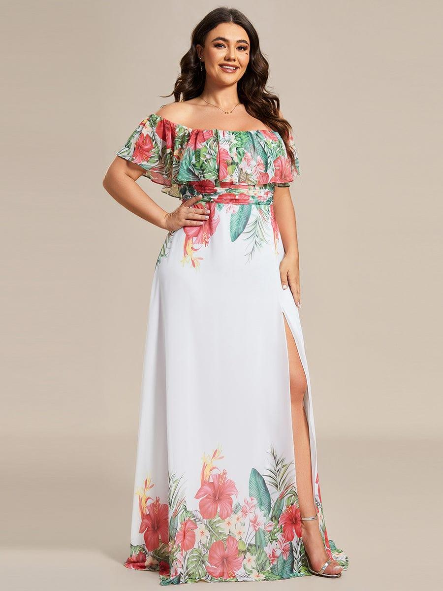 Robe de soirée imprimée taille élastique à épaules dénudées d'été grande taille #Couleur_Blanc Rouge