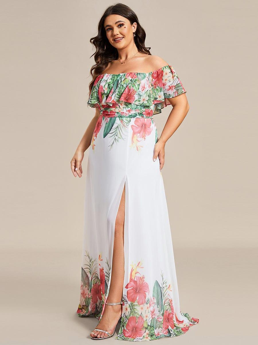 Robe de soirée imprimée taille élastique à épaules dénudées d'été grande taille #Couleur_Blanc Rouge