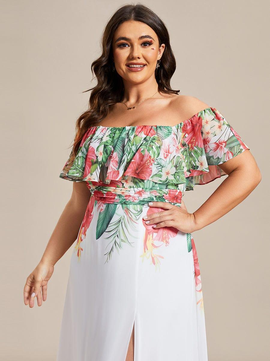 Robe de soirée imprimée taille élastique à épaules dénudées d'été grande taille #Couleur_Blanc Rouge