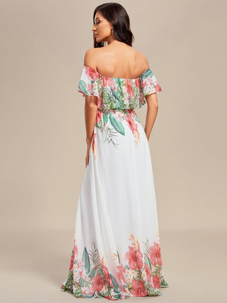 Robe de Soirée trapèze mousseline imprimée d'été à épaules dénudées #Couleur_Blanc Rouge