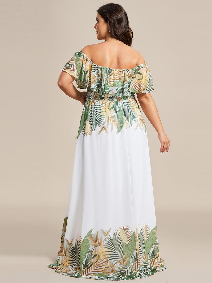 Robe de soirée imprimée taille élastique à épaules dénudées d'été grande taille #Couleur_Blanc Vert