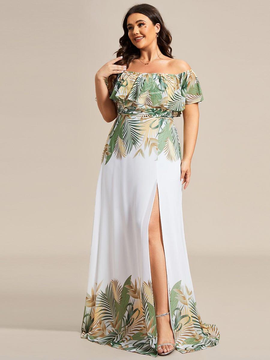 Robe de soirée imprimée taille élastique à épaules dénudées d'été grande taille #Couleur_Blanc Vert