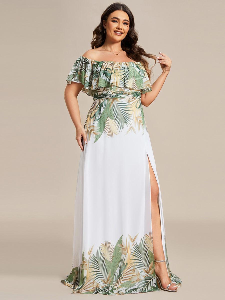 Robe de soirée imprimée taille élastique à épaules dénudées d'été grande taille #Couleur_Blanc Vert
