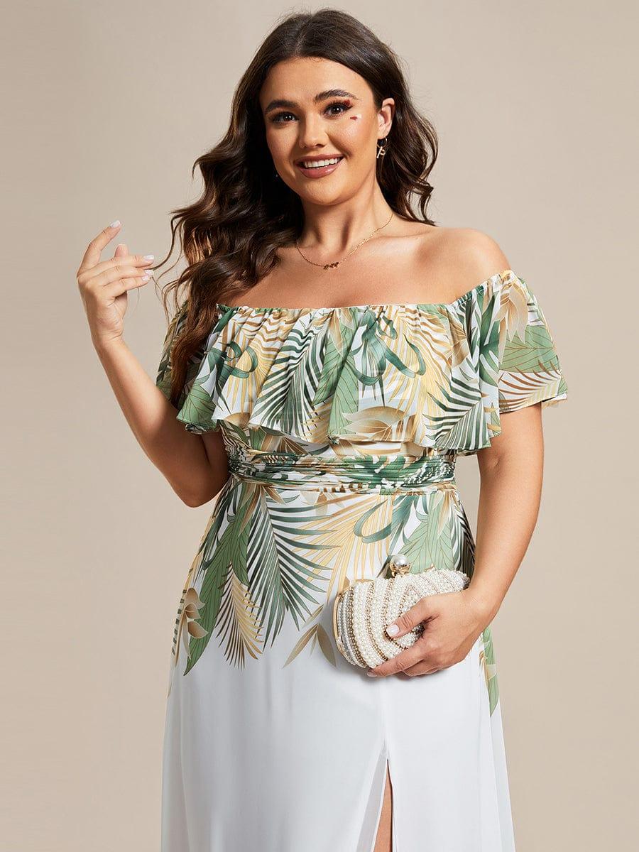 Robe de soirée imprimée taille élastique à épaules dénudées d'été grande taille #Couleur_Blanc Vert