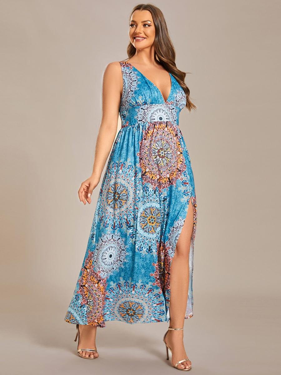 Robe de Soirée Mi-Longue Fleurie Sans Manches Curvy à Fentes Hautes #Couleur_Bleu Clair Boheme