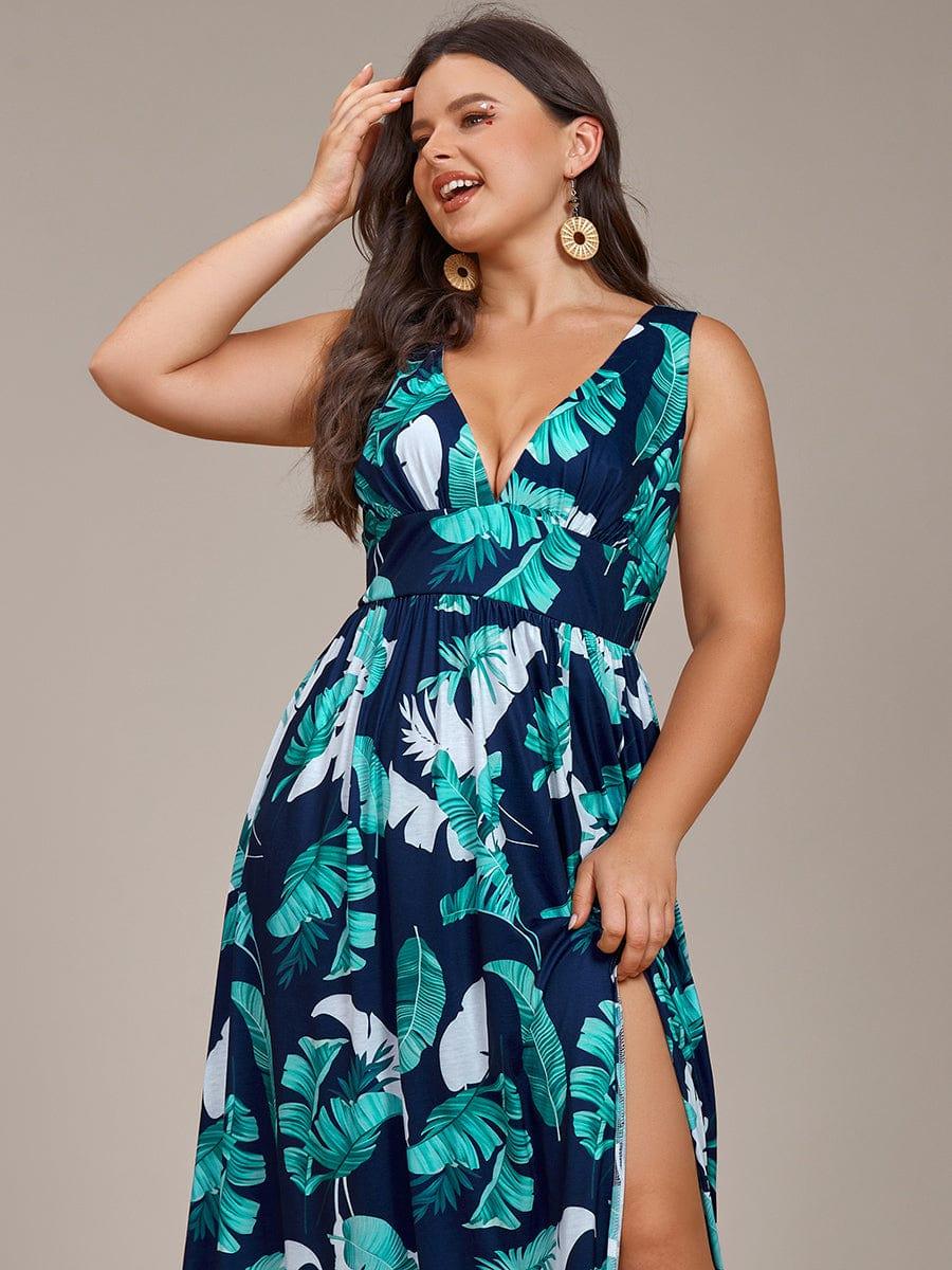 Robe de Soirée Mi-Longue Fleurie Sans Manches Curvy à Fentes Hautes #Couleur_Vert Marine
