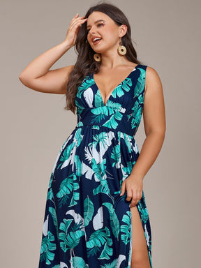 Robe de Soirée Mi-Longue Fleurie Sans Manches Curvy à Fentes Hautes