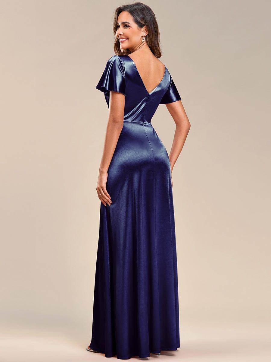 Robe de soirée en satin à manches volantées et col en V #Couleur_Bleu Marine