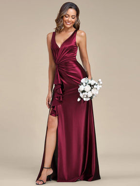 Robe de soirée en satin plissée à col en V et à fente haute pour bal