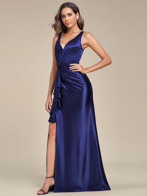 Robe de soirée en satin plissée à col en V et à fente haute pour bal