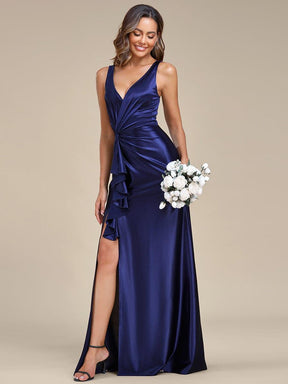 Robe de soirée en satin plissée à col en V et à fente haute pour bal