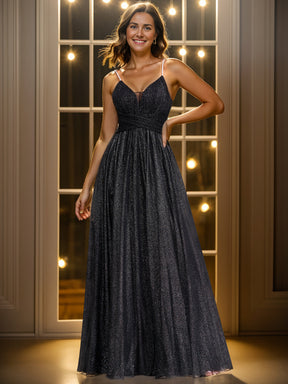 Robe de soirée scintillante sans manches bretelles spaghetti col en V dos ouvert