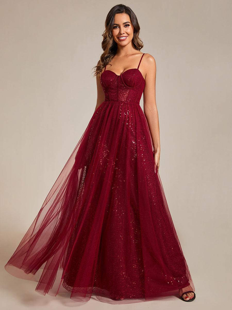 Robe de soirée trapèze à paillettes bretelles spaghetti sans manches avec couverture en tulle #Couleur_Bordeaux