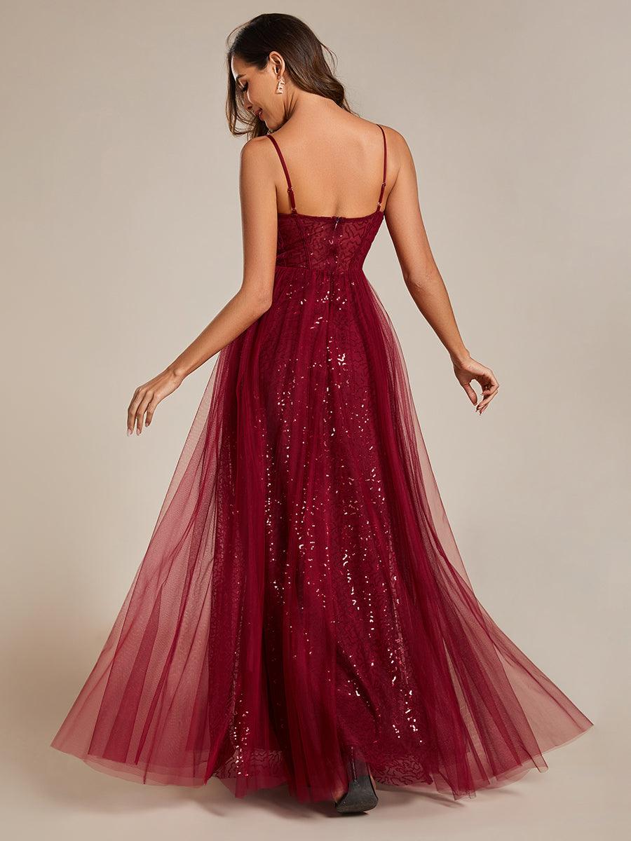 Robe de soirée trapèze à paillettes bretelles spaghetti sans manches avec couverture en tulle #Couleur_Bordeaux