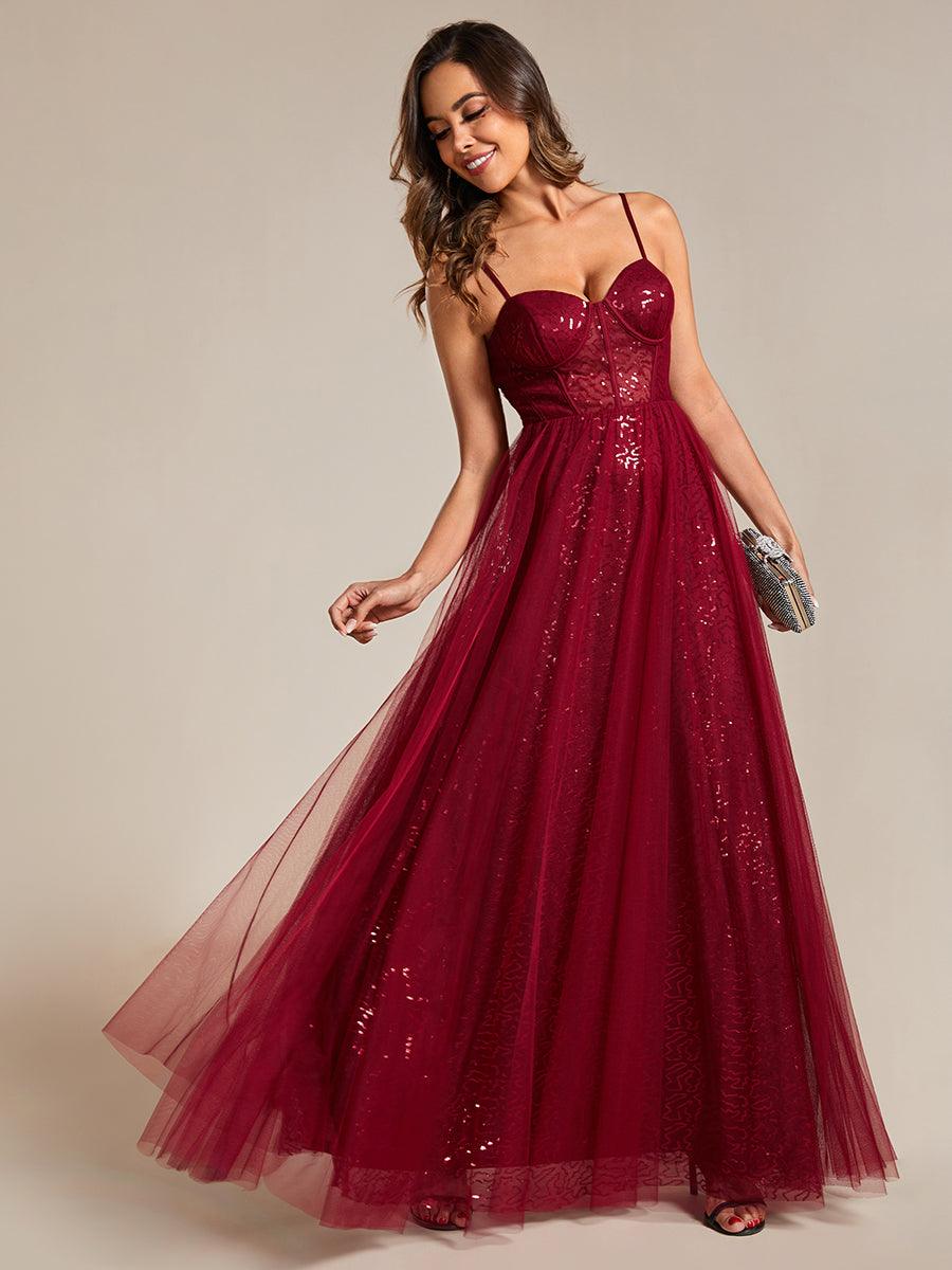 Robe de soirée trapèze à paillettes bretelles spaghetti sans manches avec couverture en tulle #Couleur_Bordeaux