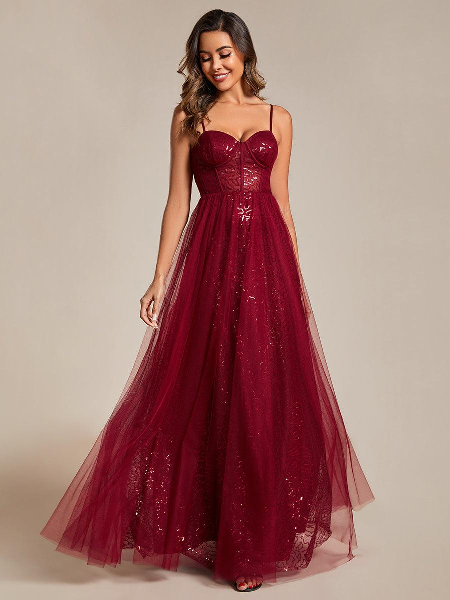 Robe de soirée trapèze à paillettes bretelles spaghetti sans manches avec couverture en tulle #Couleur_Bordeaux