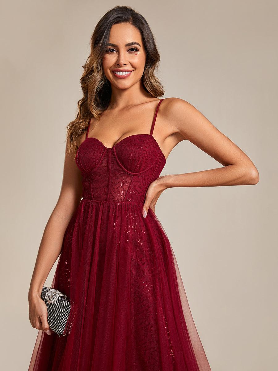 Robe de soirée trapèze à paillettes bretelles spaghetti sans manches avec couverture en tulle #Couleur_Bordeaux