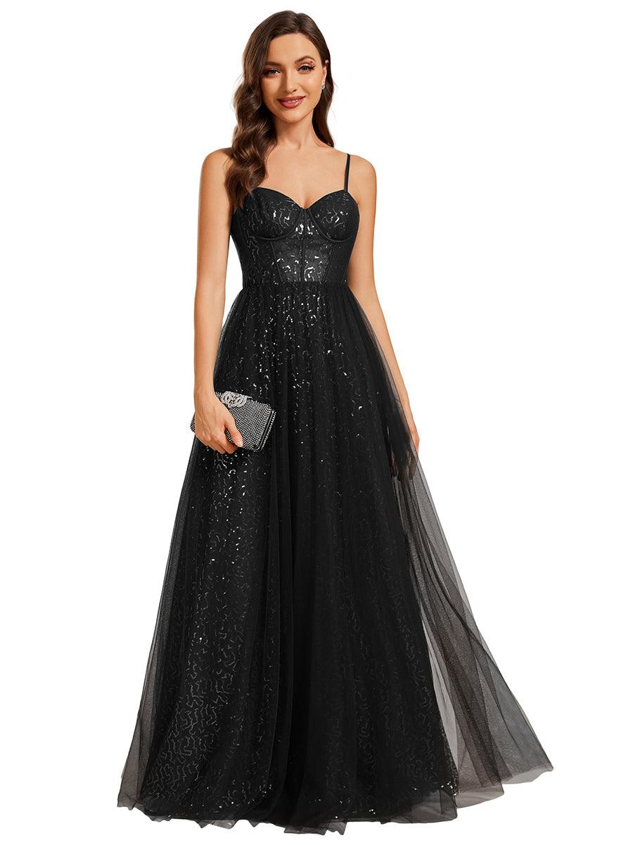 Robe de soirée trapèze à paillettes bretelles spaghetti sans manches avec couverture en tulle #Couleur_Noir