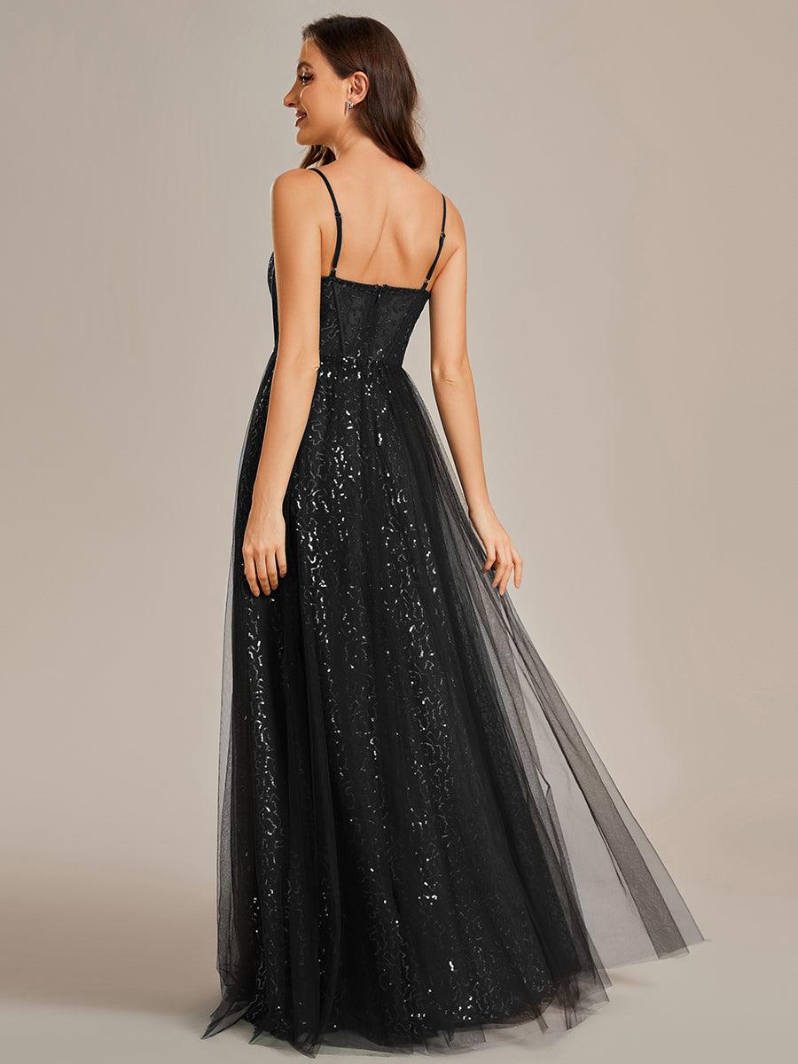 Robe de soirée trapèze à paillettes bretelles spaghetti sans manches avec couverture en tulle #Couleur_Noir