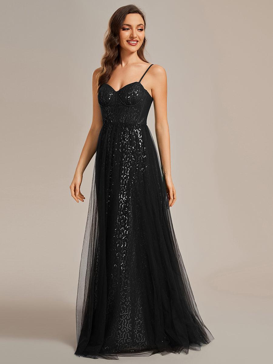 Robe de soirée trapèze à paillettes bretelles spaghetti sans manches avec couverture en tulle #Couleur_Noir