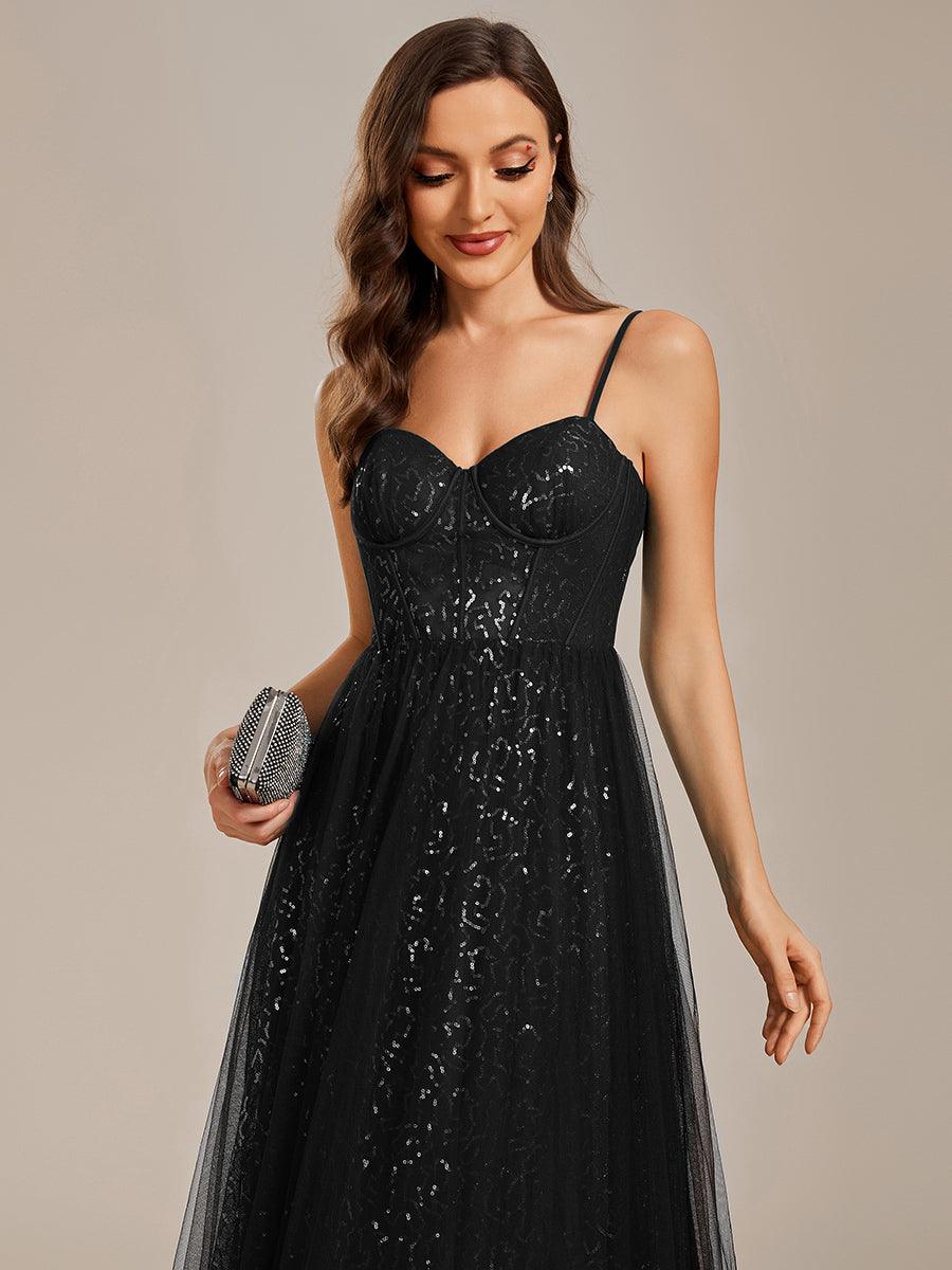 Robe de soirée trapèze à paillettes bretelles spaghetti sans manches avec couverture en tulle #Couleur_Noir