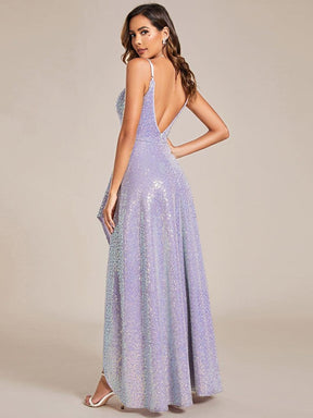 Robe de soirée dos nu haut-bas à bretelles fines scintillantes