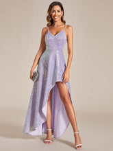 Robe de soirée dos nu haut-bas à bretelles fines scintillantes #Couleur_Lavande