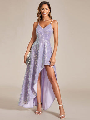 Robe de soirée dos nu haut-bas à bretelles fines scintillantes