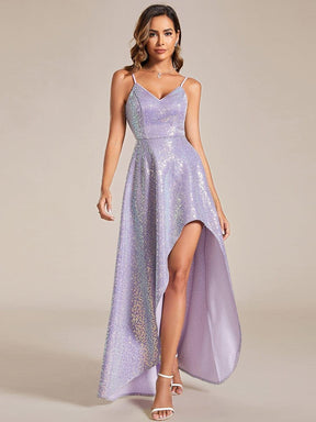 Robe de soirée dos nu haut-bas à bretelles fines scintillantes