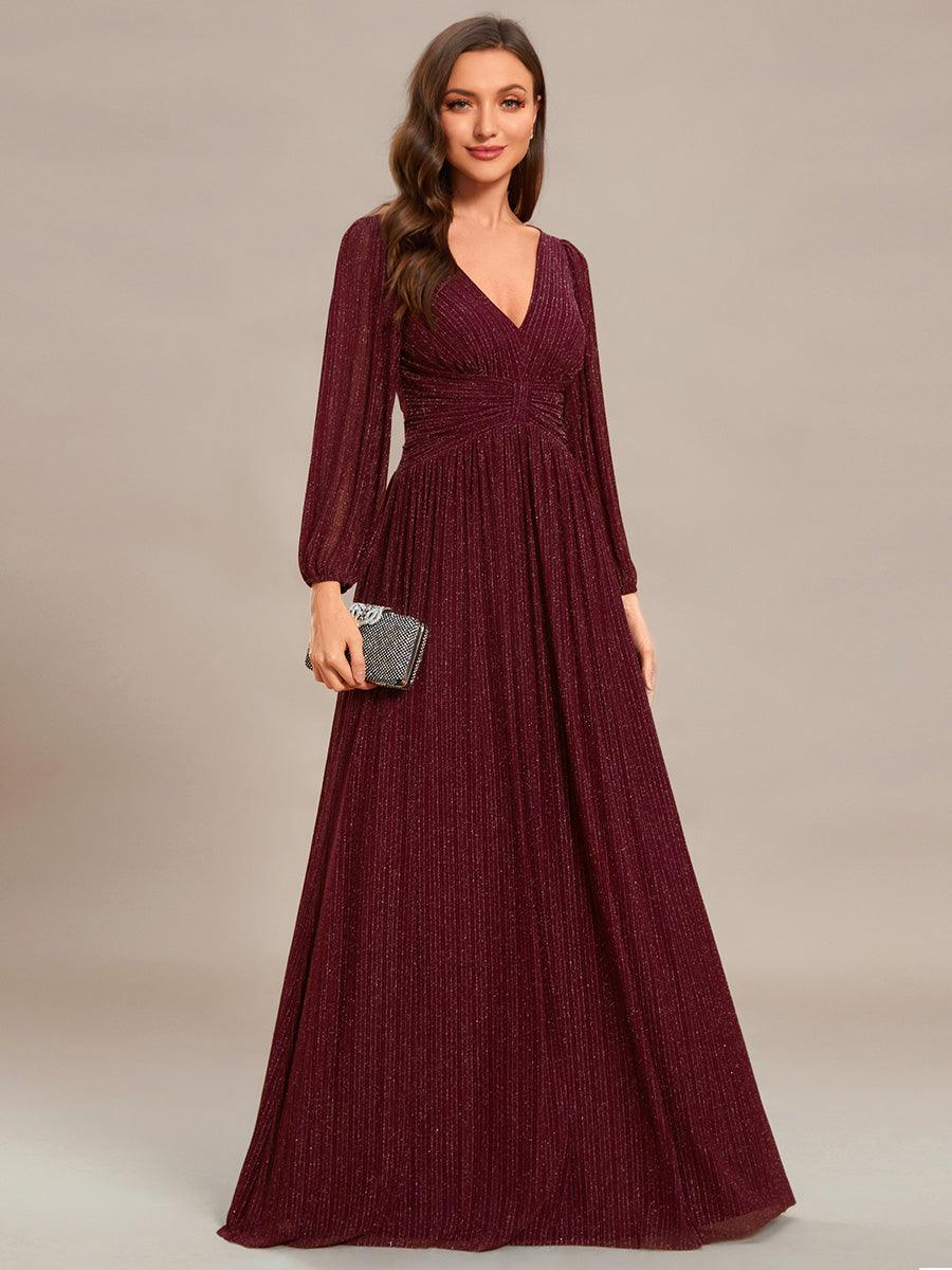 Robe de soirée trapèze à manches longues et taille empire scintillante #Couleur_Bordeaux