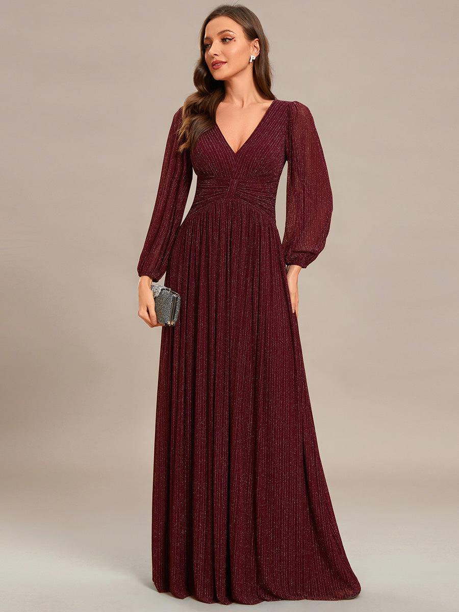 Robe de soirée trapèze à manches longues et taille empire scintillante #Couleur_Bordeaux