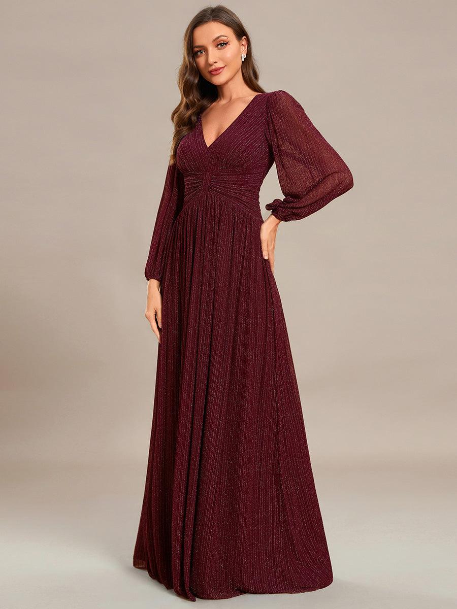 Robe de soirée trapèze à manches longues et taille empire scintillante #Couleur_Bordeaux