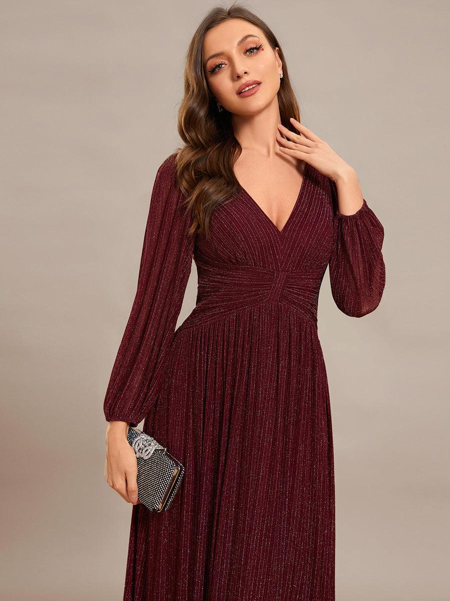 Robe de soirée trapèze à manches longues et taille empire scintillante #Couleur_Bordeaux