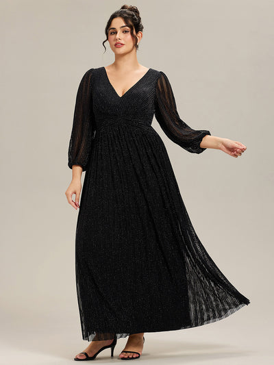 pretty BRYM|Robe de soirée trapèze transparente à manches longues et taille empire éblouissante de grande taille