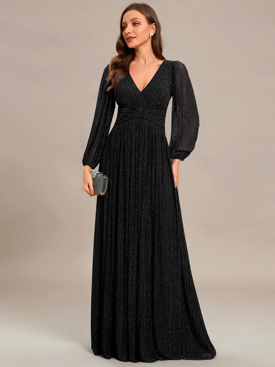Robe de soirée trapèze à manches longues et taille empire scintillante #Couleur_Noir