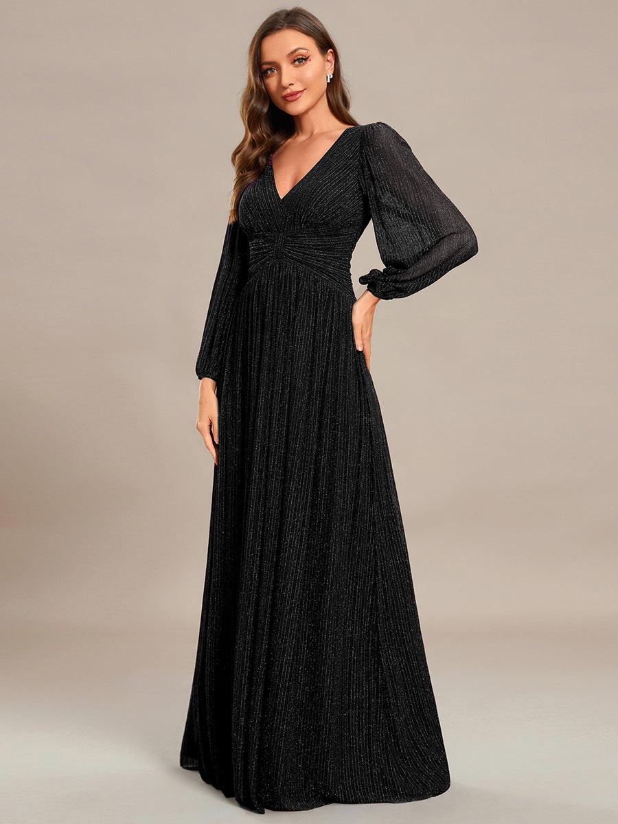 Robe de soirée trapèze à manches longues et taille empire scintillante #Couleur_Noir
