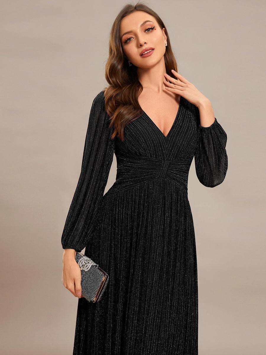 Robe de soirée trapèze à manches longues et taille empire scintillante #Couleur_Noir