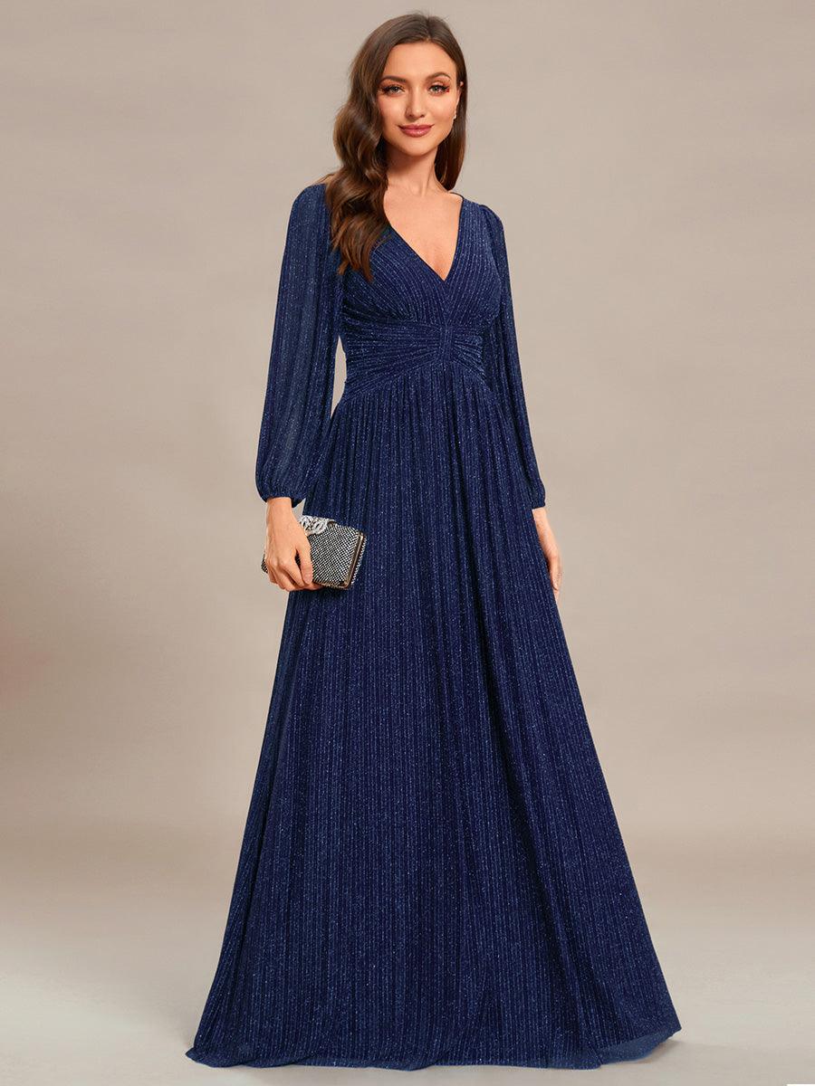 Robe de soirée trapèze à manches longues et taille empire scintillante #Couleur_Bleu Marine