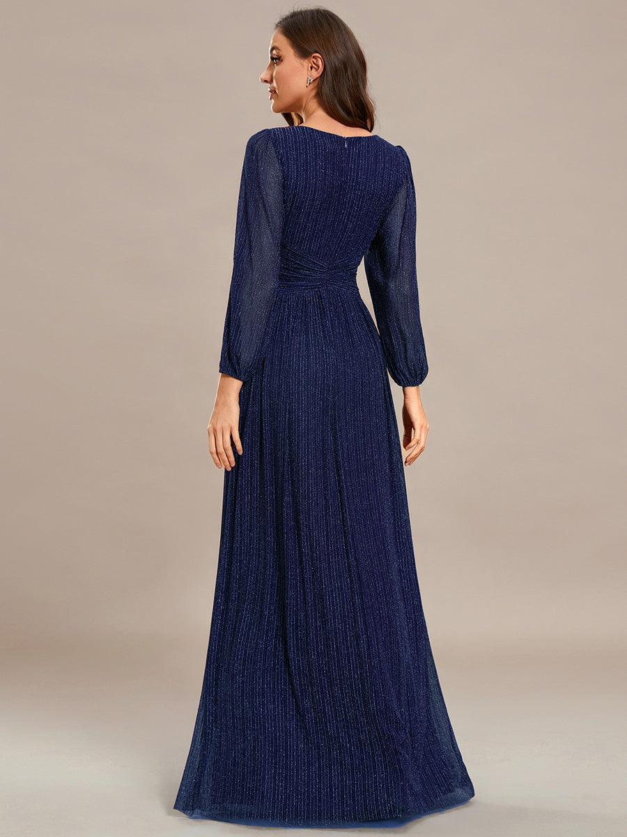 Robe de soirée trapèze à manches longues et taille empire scintillante #Couleur_Bleu Marine