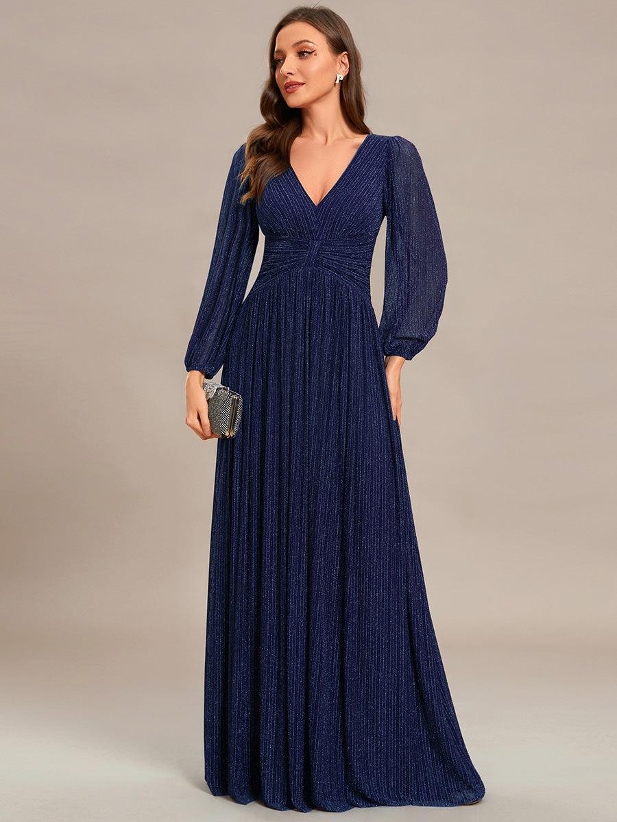 Robe de soirée trapèze à manches longues et taille empire scintillante #Couleur_Bleu Marine