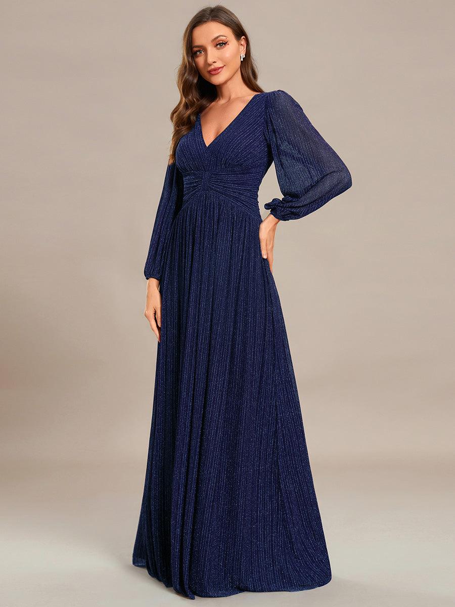 Robe de soirée trapèze à manches longues et taille empire scintillante #Couleur_Bleu Marine