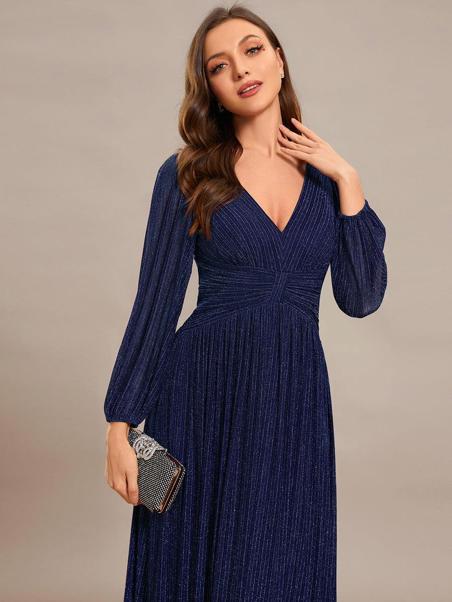 Robe de soirée trapèze à manches longues et taille empire scintillante #Couleur_Bleu Marine