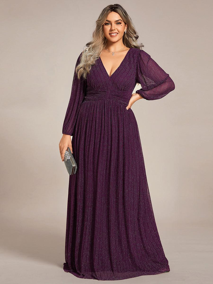 Robe de soirée trapèze à manches longues et taille empire scintillante #Couleur_Glycine violette