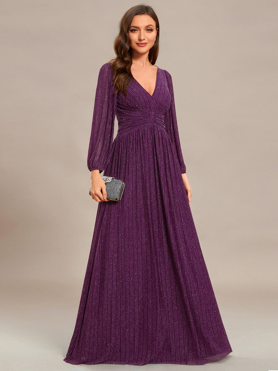 Robe de soirée trapèze à manches longues et taille empire scintillante #Couleur_Glycine violette