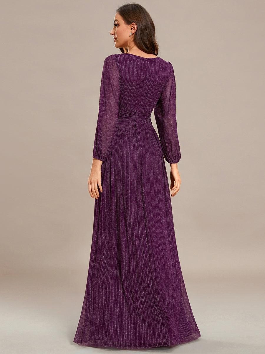 Robe de soirée trapèze à manches longues et taille empire scintillante #Couleur_Glycine violette